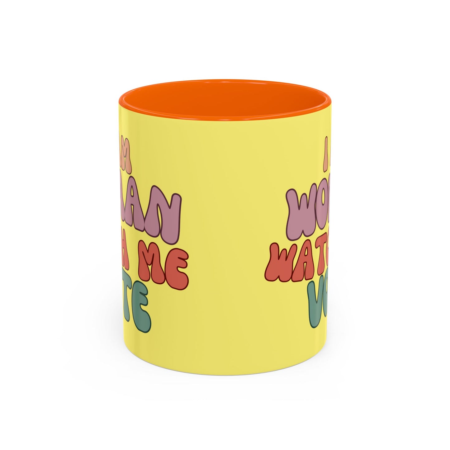 I Am Woman Watch Me Vote Yellow Accent Mug by theGreenDragonTavern.shop