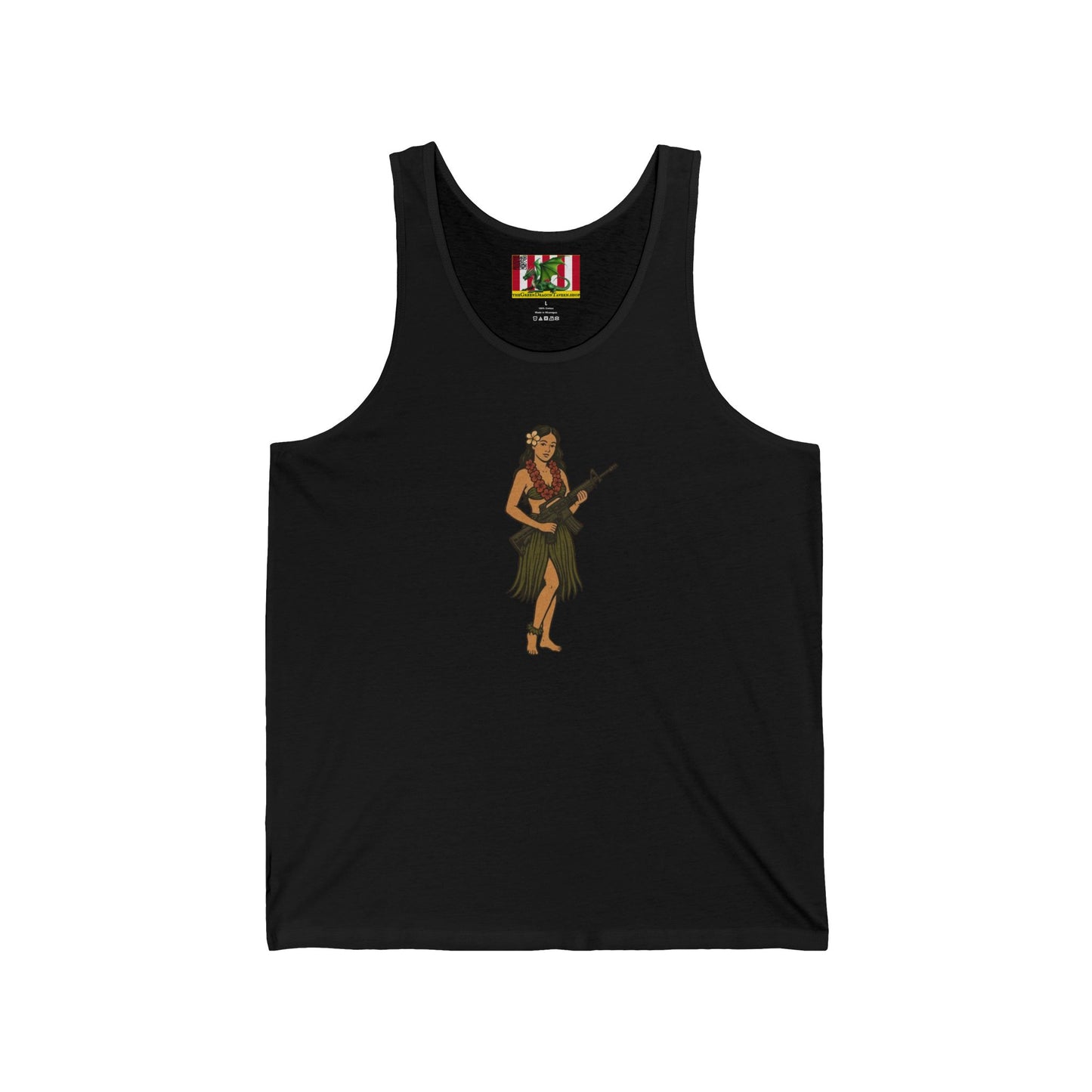 Hula Girl Packin' Heat Unisex Jersey Tank Top by theGreenDragonTavern.shop