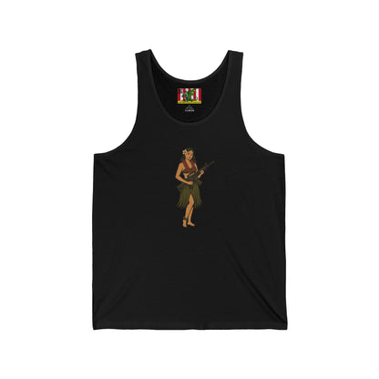 Hula Girl Packin' Heat Unisex Jersey Tank Top by theGreenDragonTavern.shop