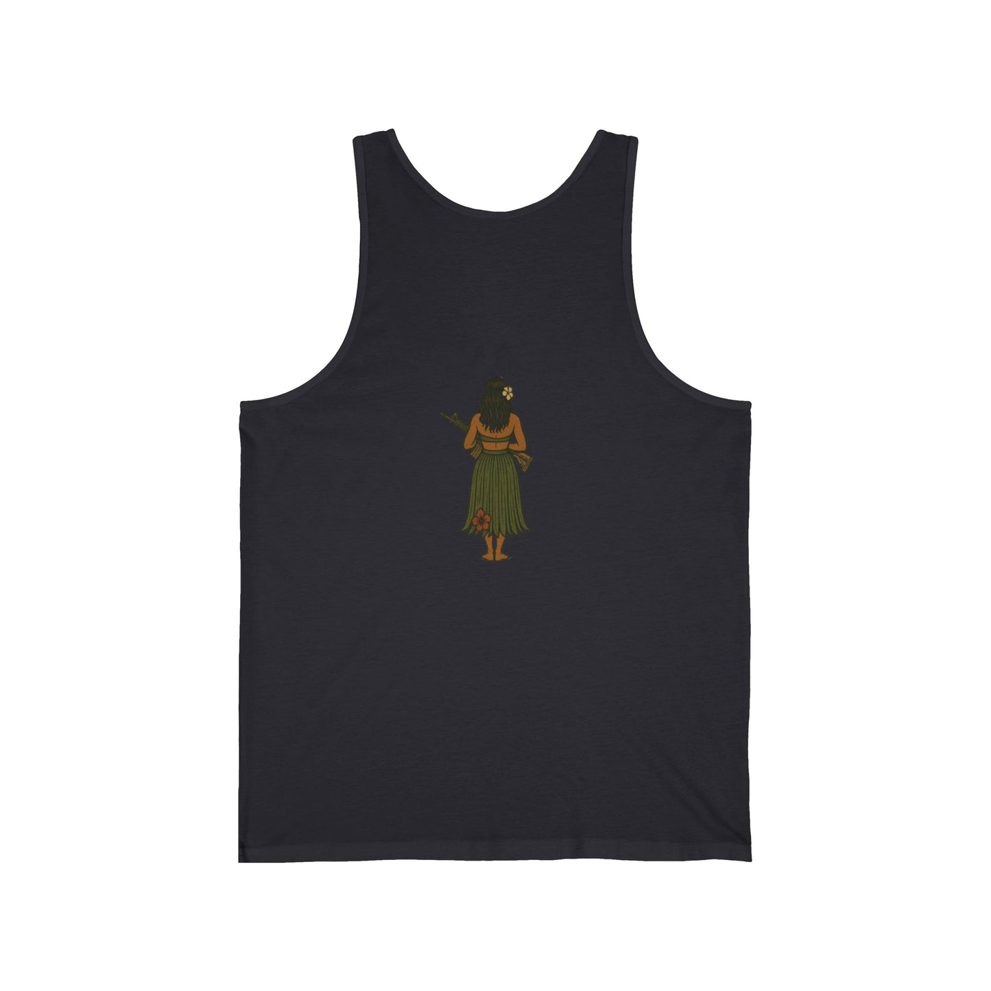 2-sided, Hula Girl Packin' Heat Unisex Jersey Tank Top by theGreenDragonTavern.shop
