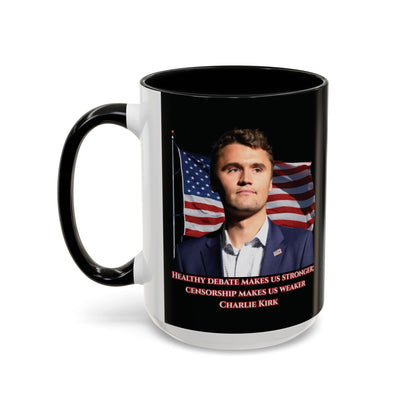 Charlie Kirk, Healthy Debate Black Accent Mug by theGreenDragonTavern.shop