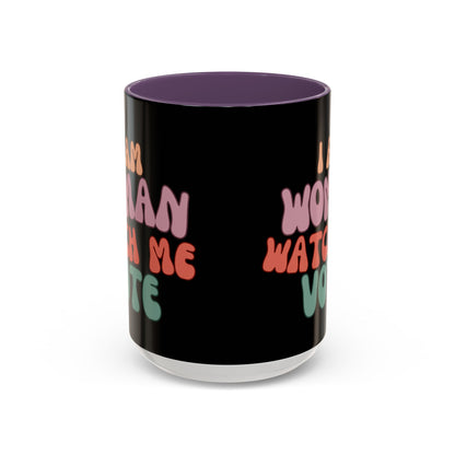 I Am Woman Watch Me Vote Black Accent Mug by theGreenDragonTavern.shop