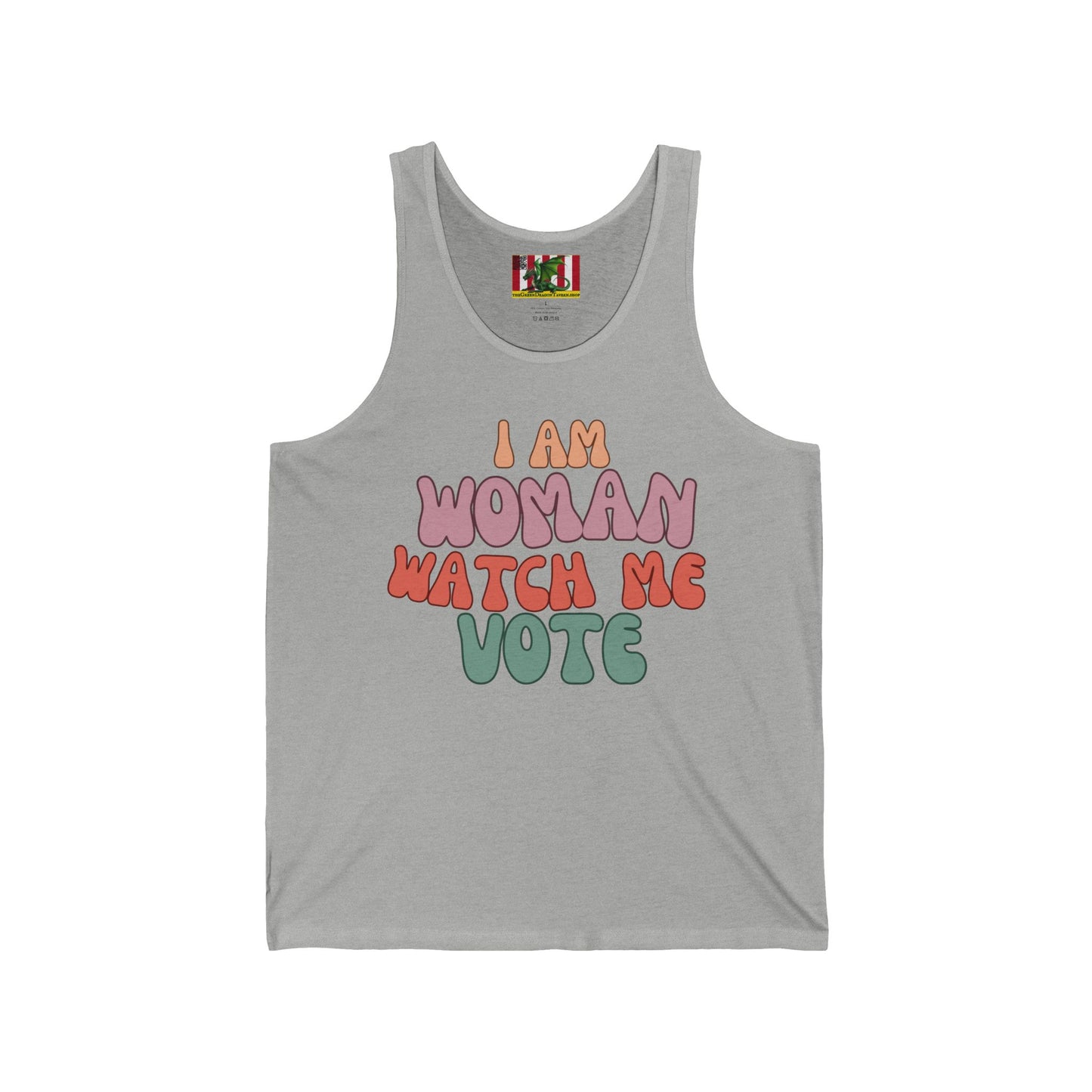 2-sided, I Am Woman Watch Me Vote Unisex Jersey Tank Top by theGreenDragonTavern.shop