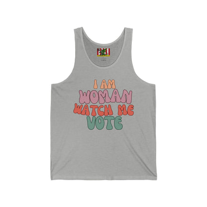 2-sided, I Am Woman Watch Me Vote Unisex Jersey Tank Top by theGreenDragonTavern.shop