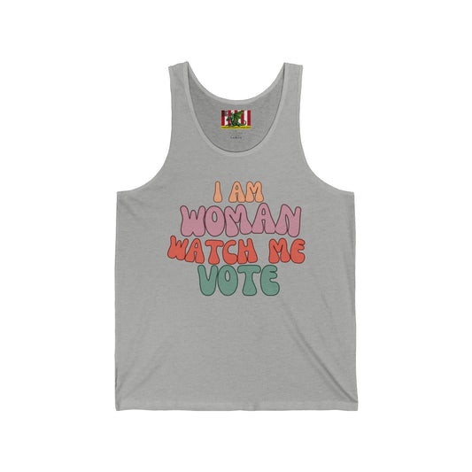 2-sided, I Am Woman Watch Me Vote Unisex Jersey Tank Top by theGreenDragonTavern.shop