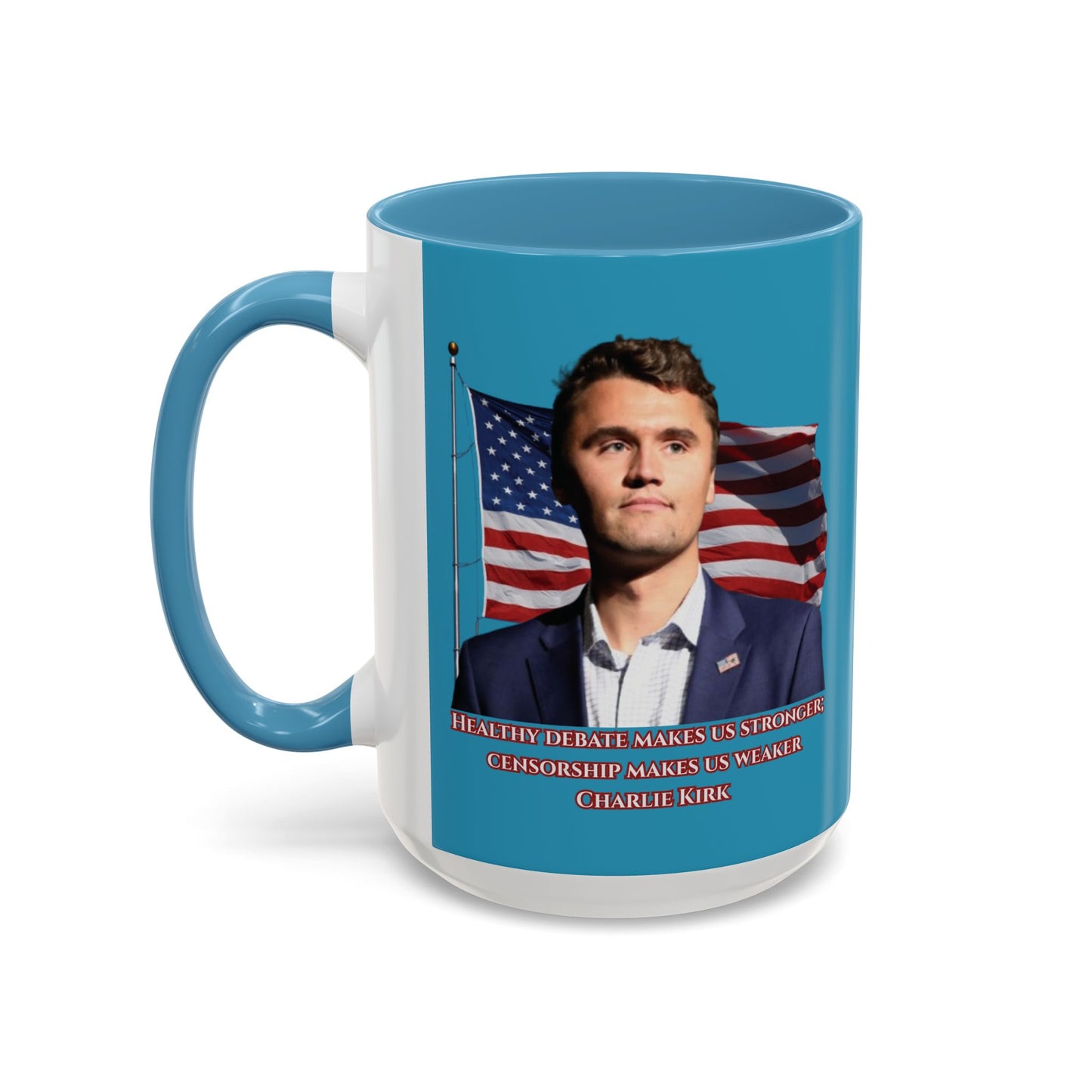Charlie Kirk, Healthy Debate Turquoise Accent Mug by theGreenDragonTavern.shop