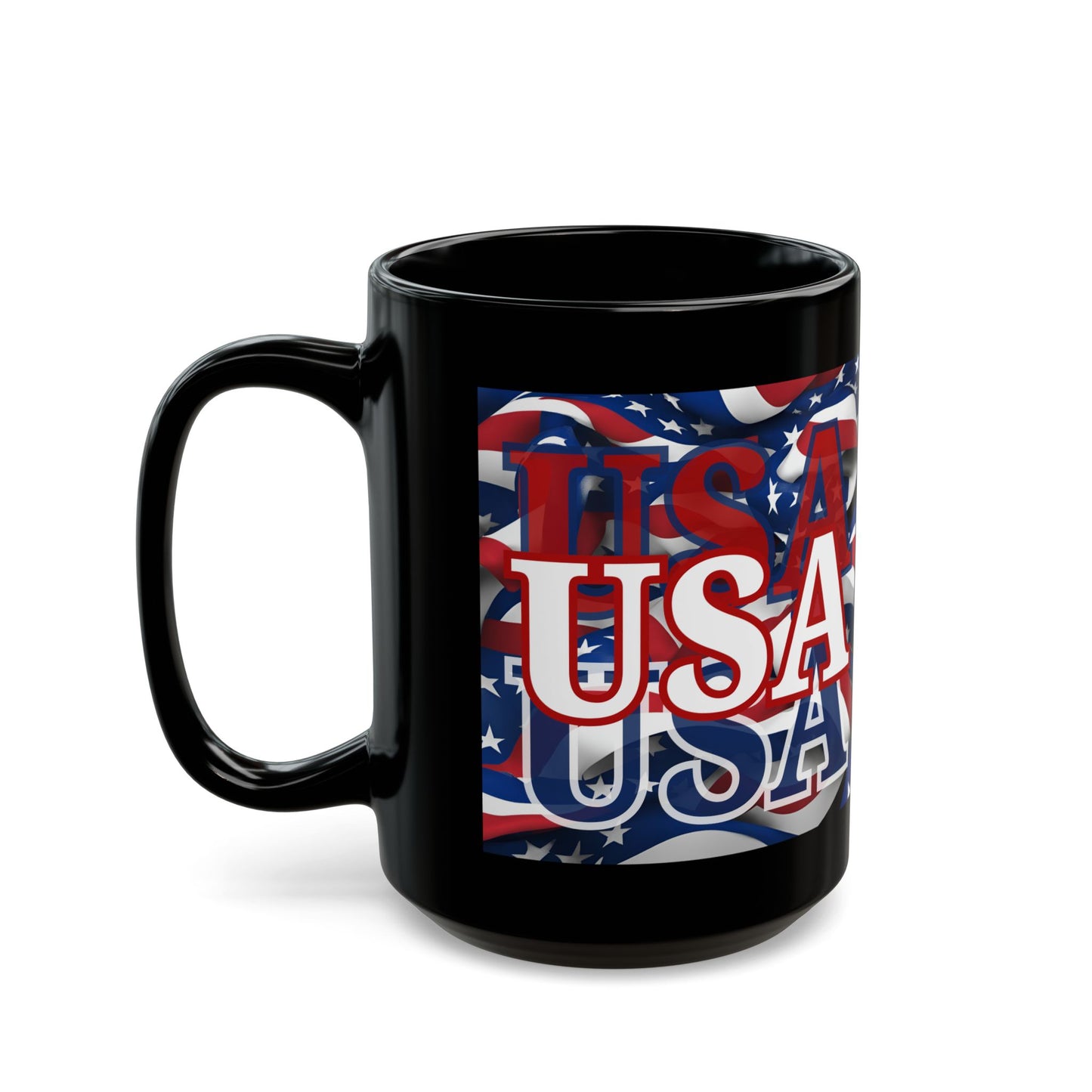 USA White font Center Patriot Black Mug by theGreenDragonTavern.shop