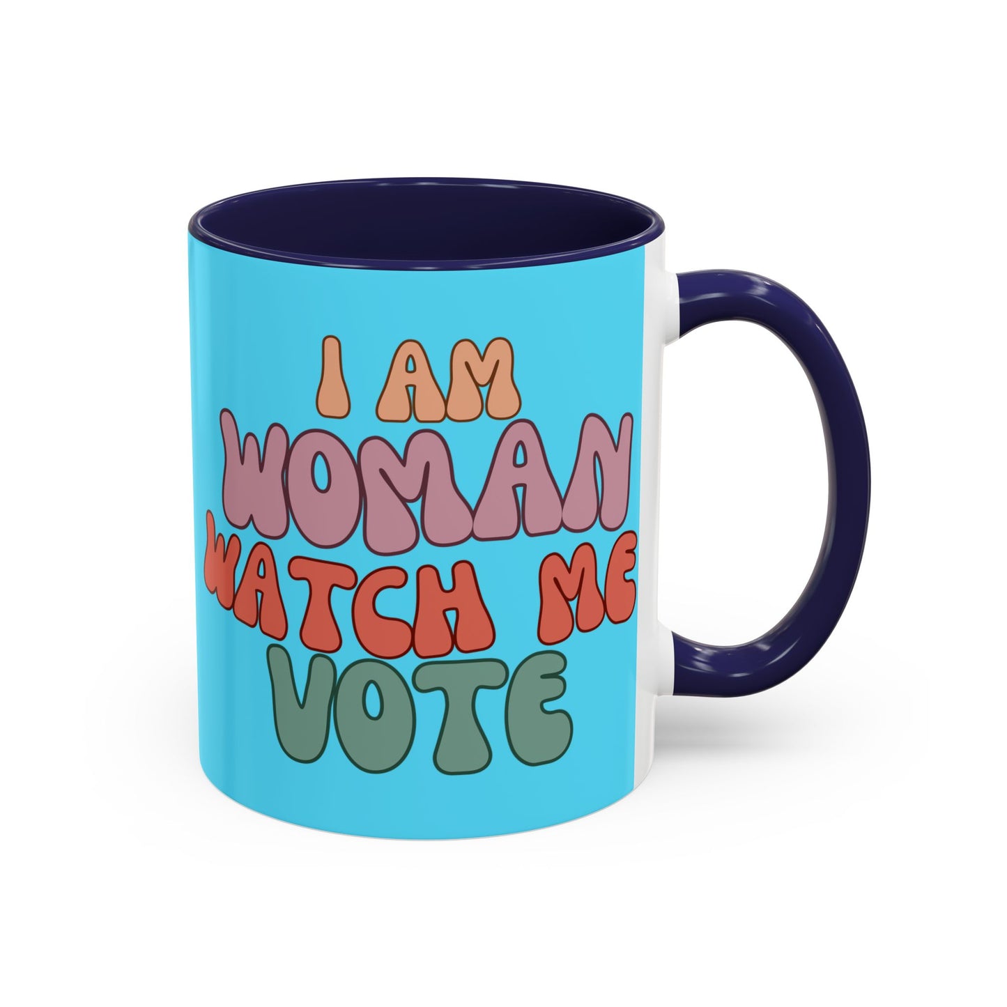 I Am Woman Watch Me Vote Light Blue Accent Mug by theGreenDragonTavern.shop