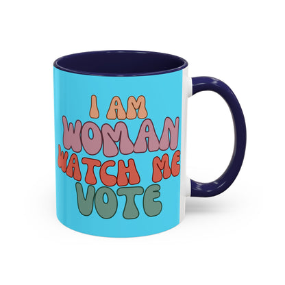 I Am Woman Watch Me Vote Light Blue Accent Mug by theGreenDragonTavern.shop