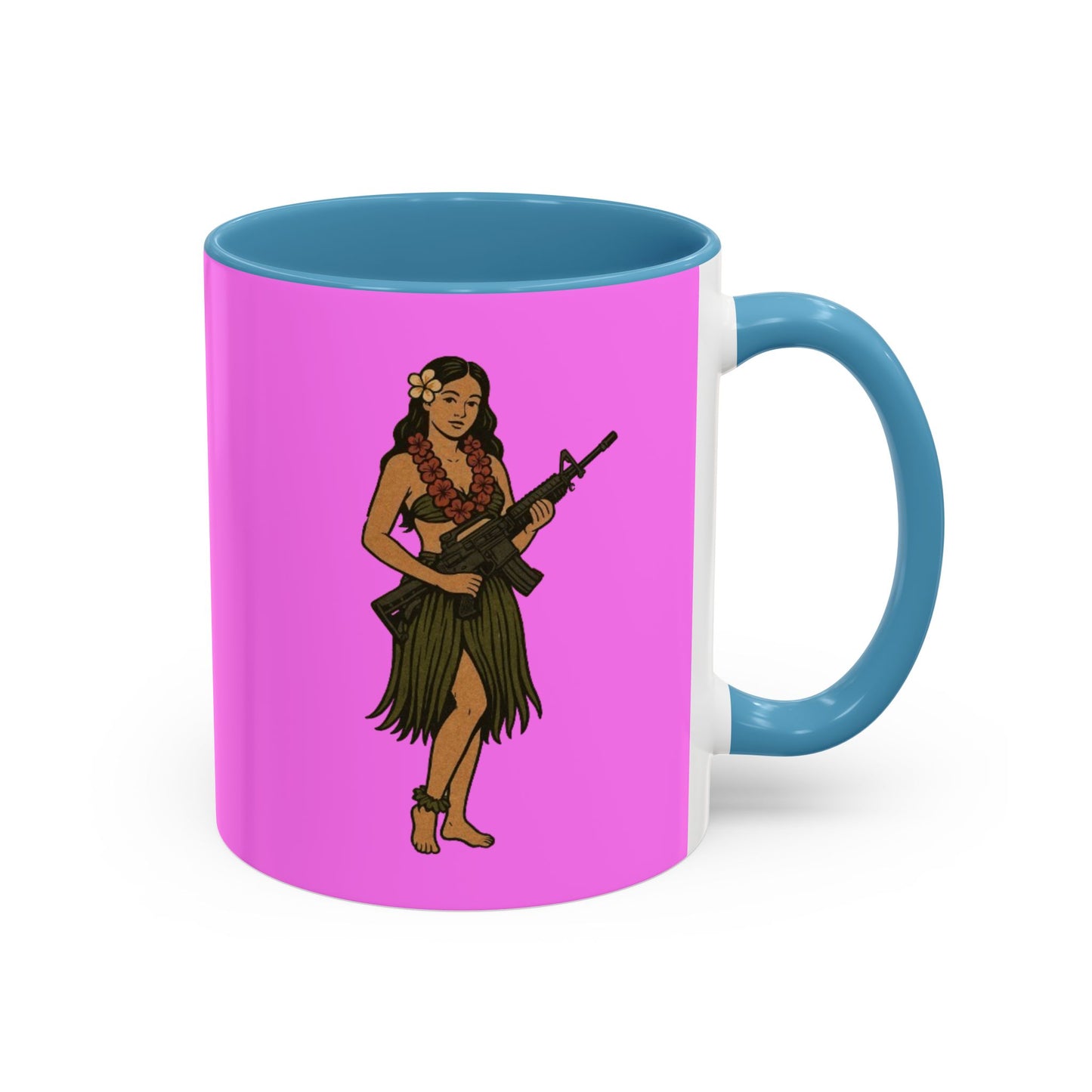 Hula Girl Packin' Heat Pink Accent Mug by theGreenDragonTavern.shop