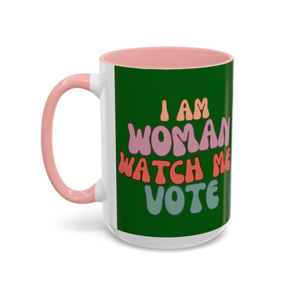 I Am Woman Watch Me Vote Dark Green Accent Mug by theGreenDragonTavern.shop
