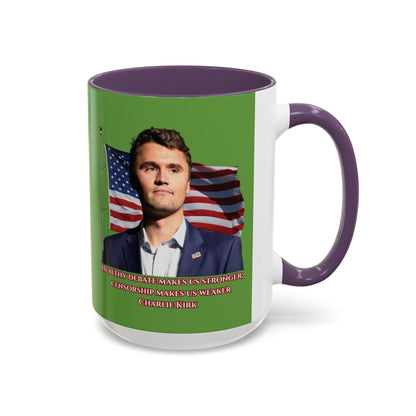 Charlie Kirk, Healthy Debate Green Accent Mug by theGreenDragonTavern.shop