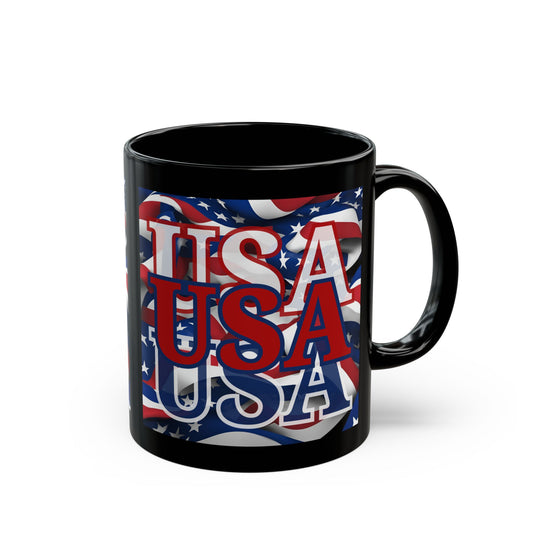 USA Red font Center Patriot Black Mug by theGreenDragonTavern.shop