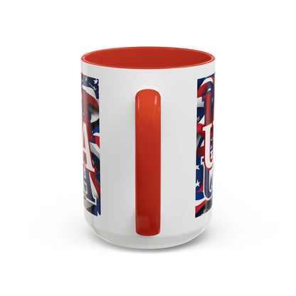 USA White font Center Patriot White Accent Mug by theGreenDragonTavern.shop