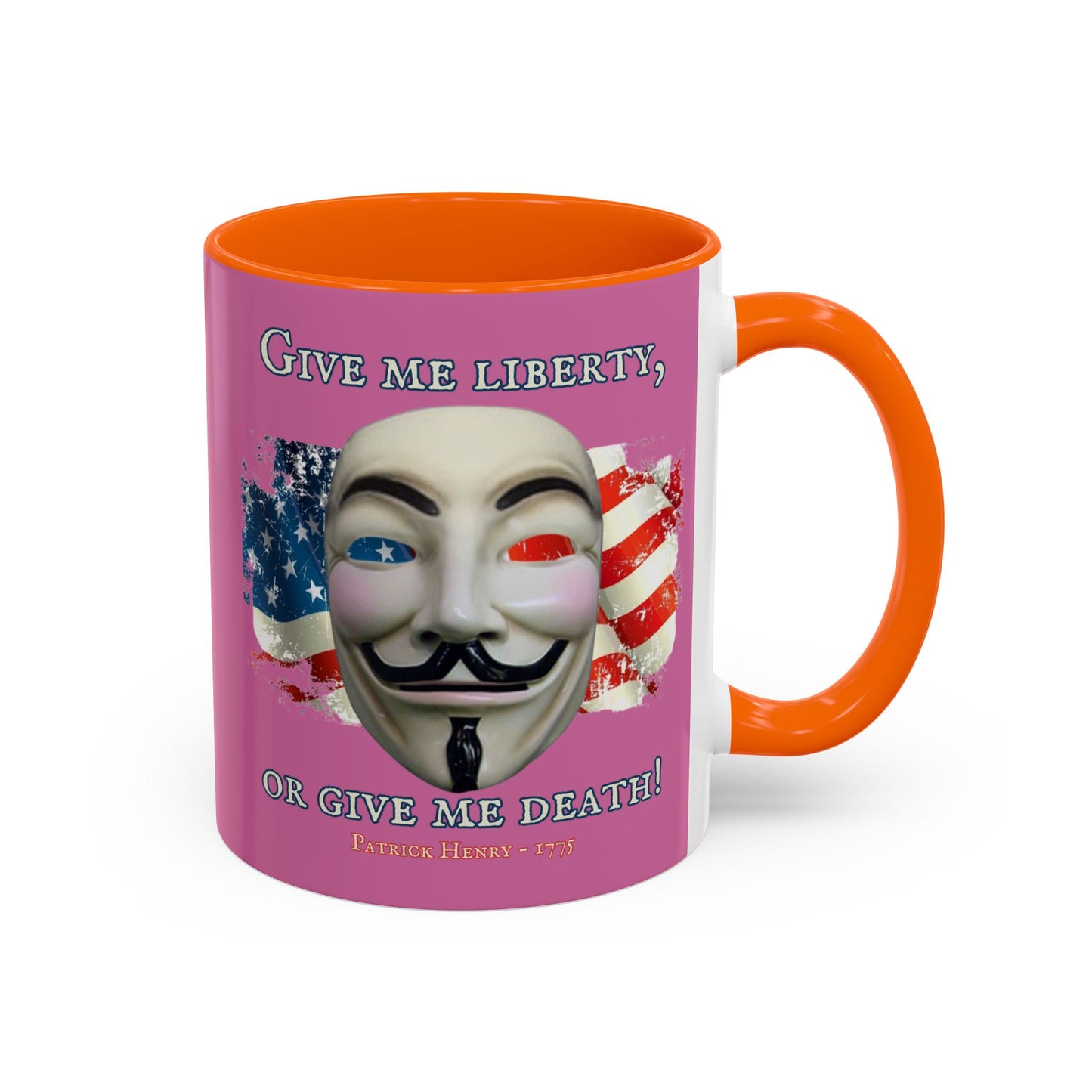 Vendetta, "Give me liberty, or give me death!" Pink Accent Mug by theGreenDragonTavern.shop