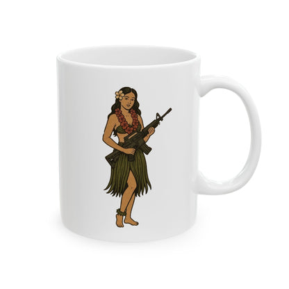 Hula Girl Packin' Heat White Mug by theGreenDragonTavern.shop