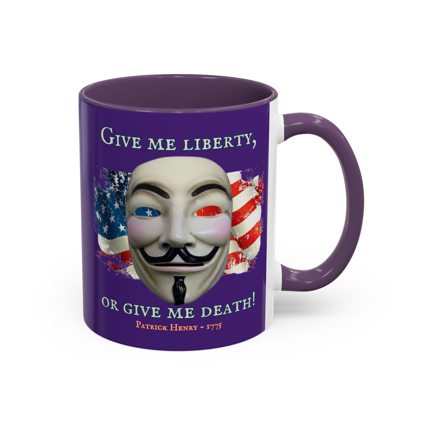 Vendetta, "Give me liberty, or give me death!" Purple Accent Mug by theGreenDragonTavern.shop