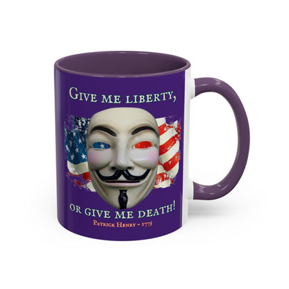 Vendetta, "Give me liberty, or give me death!" Purple Accent Mug by theGreenDragonTavern.shop