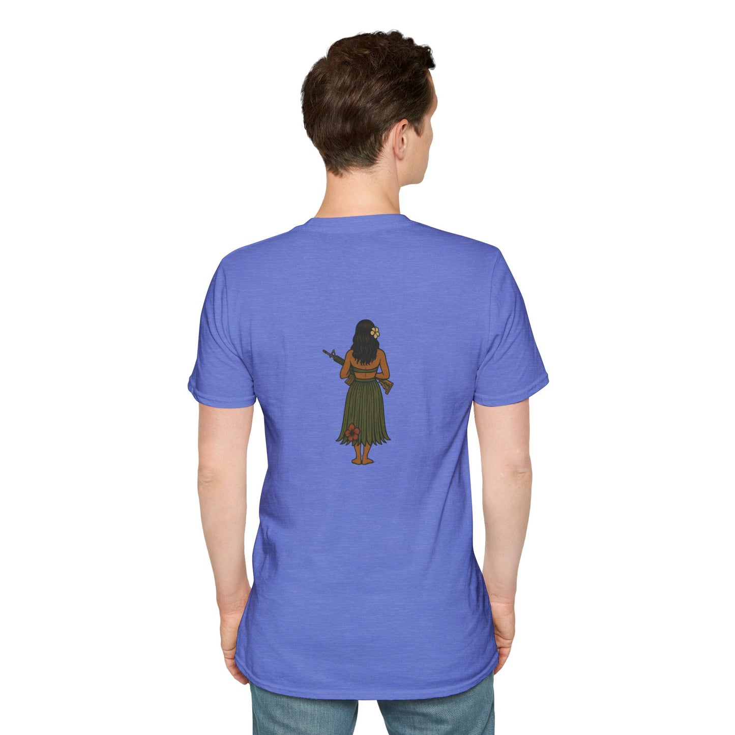 2-sided, Hula Girl Packin' Heat Light colors Unisex T-Shirt by theGreenDragonTavern.shop