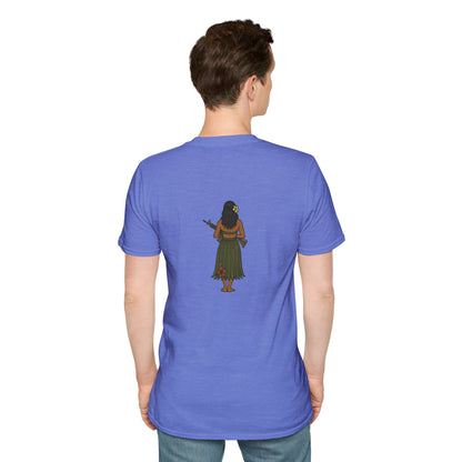 2-sided, Hula Girl Packin' Heat Light colors Unisex T-Shirt by theGreenDragonTavern.shop