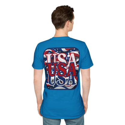 2-sided, RED White and Blue USA Patriot Dark colors Unisex T-Shirt by theGreenDragonTavern.shop