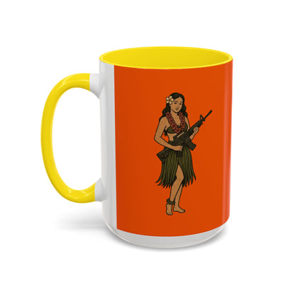 Hula Girl Packin' Heat Orange Accent Mug by theGreenDragonTavern.shop