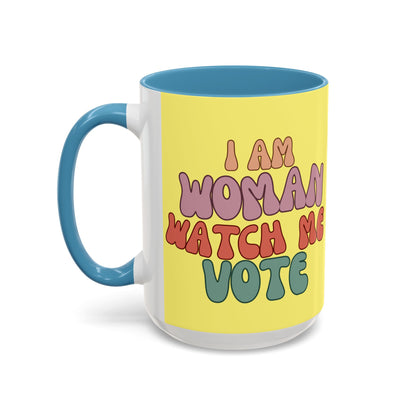I Am Woman Watch Me Vote Yellow Accent Mug by theGreenDragonTavern.shop