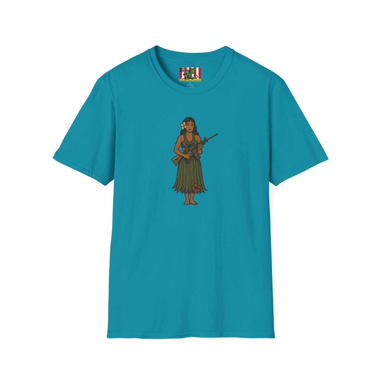 2-sided, Hula Girl Packin' Heat Dark colors Unisex T-Shirt by theGreenDragonTavern.shop