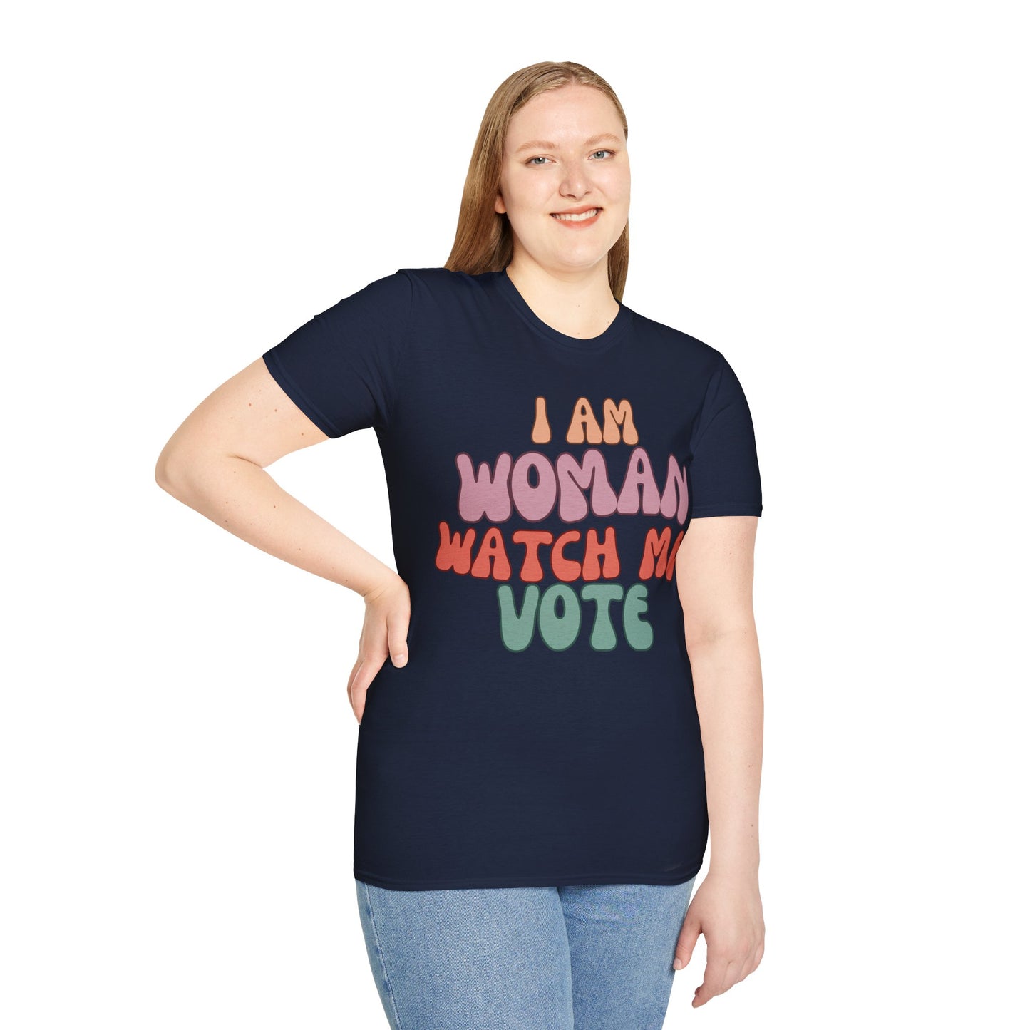 2-sided, I Am Woman Watch Me Vote Dark colors Unisex T-Shirt by theGreenDragonTavern.shop