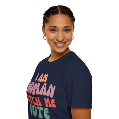2-sided, I Am Woman Watch Me Vote Dark colors Unisex T-Shirt by theGreenDragonTavern.shop