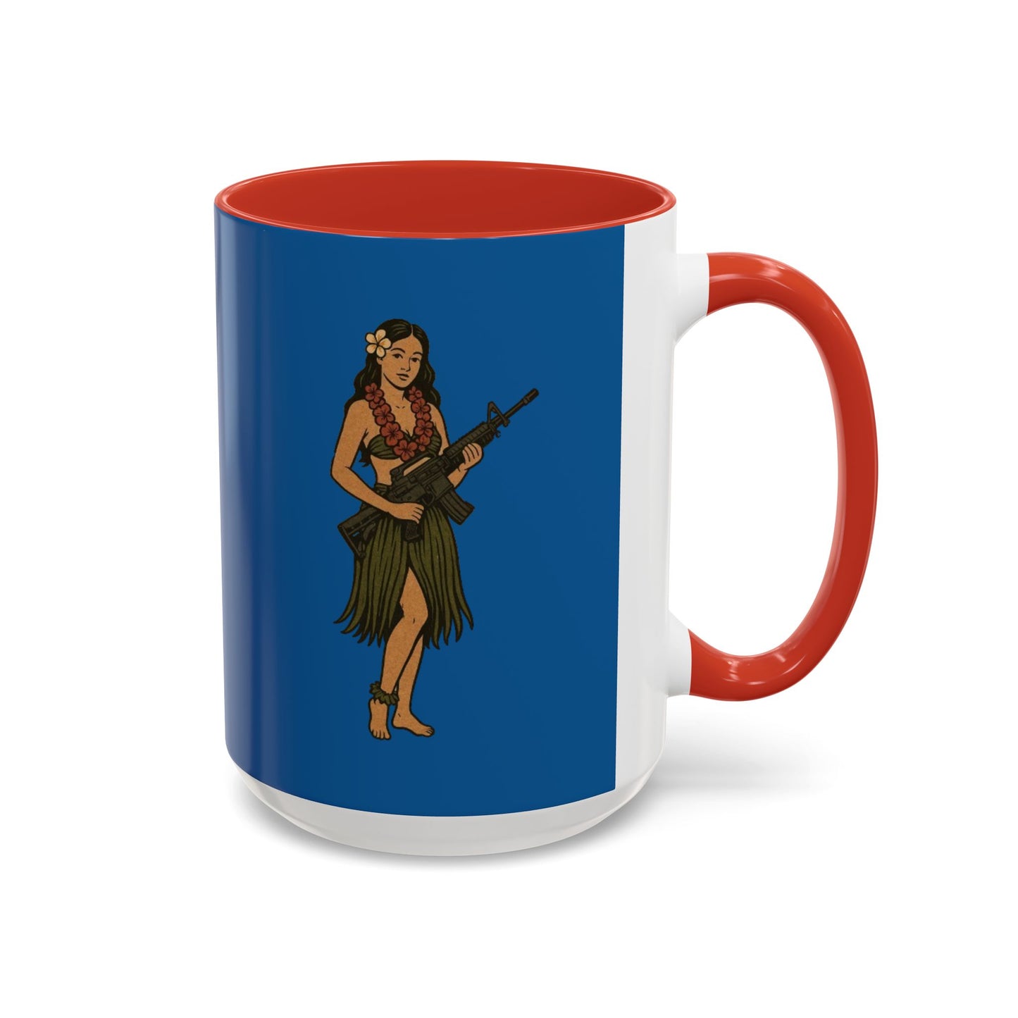 Hula Girl Packin' Heat Dark Blue Accent Mug by theGreenDragonTavern.shop