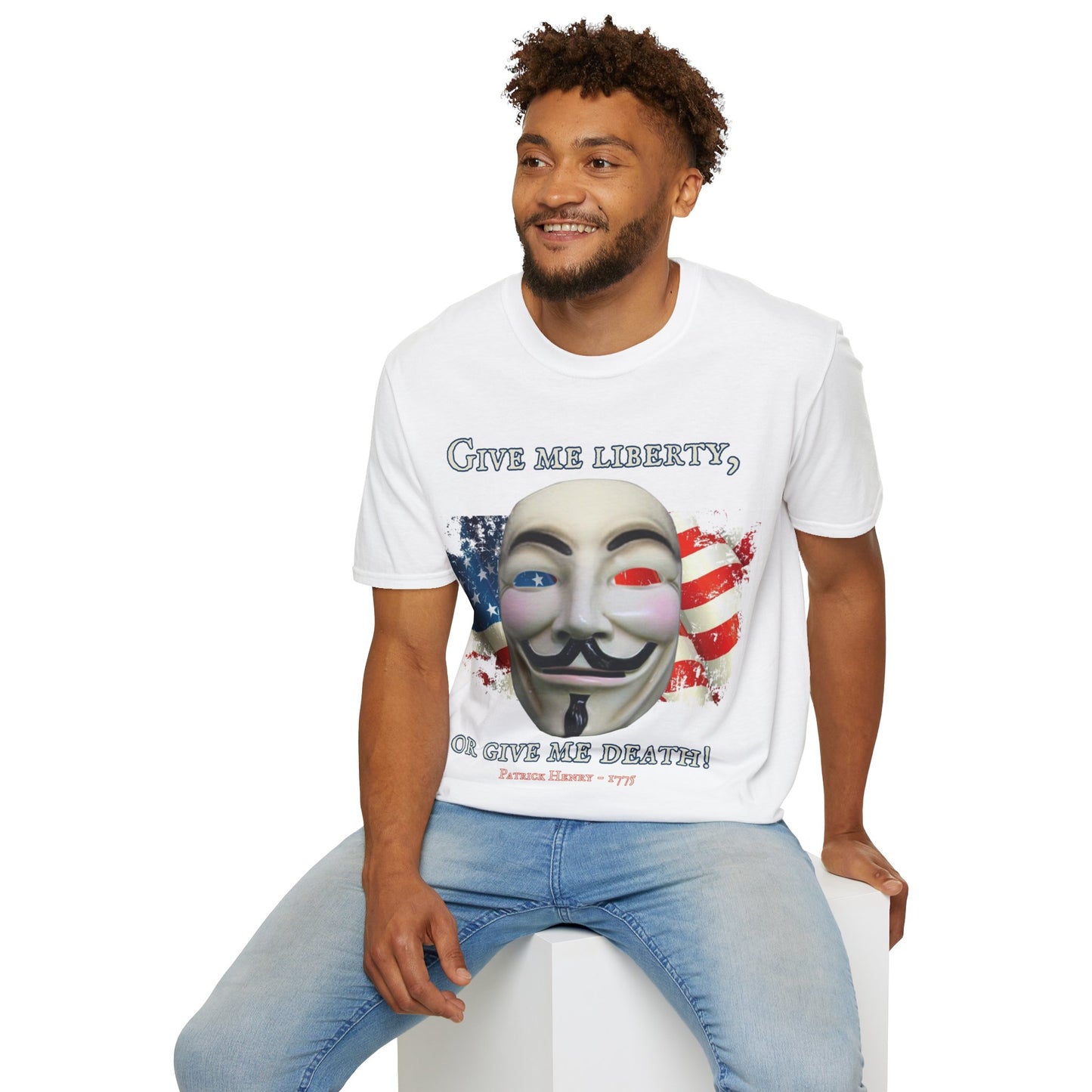 Vendetta, "Give me liberty, or give me death!" Light colors Unisex T-Shirt by theGreenDragonTavern.shop