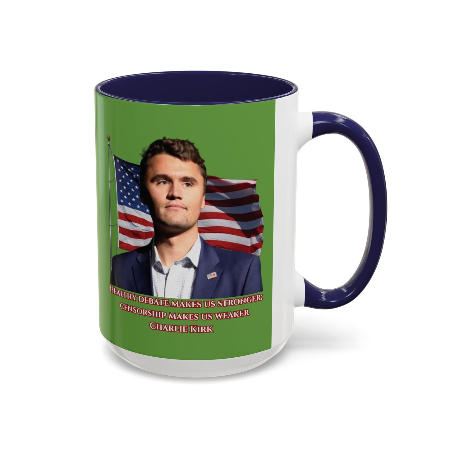 Charlie Kirk, Healthy Debate Green Accent Mug by theGreenDragonTavern.shop