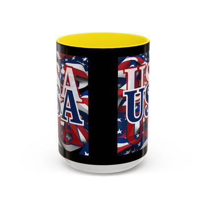 USA Blue font Center Patriot Black Accent Mug by theGreenDragonTavern.shop
