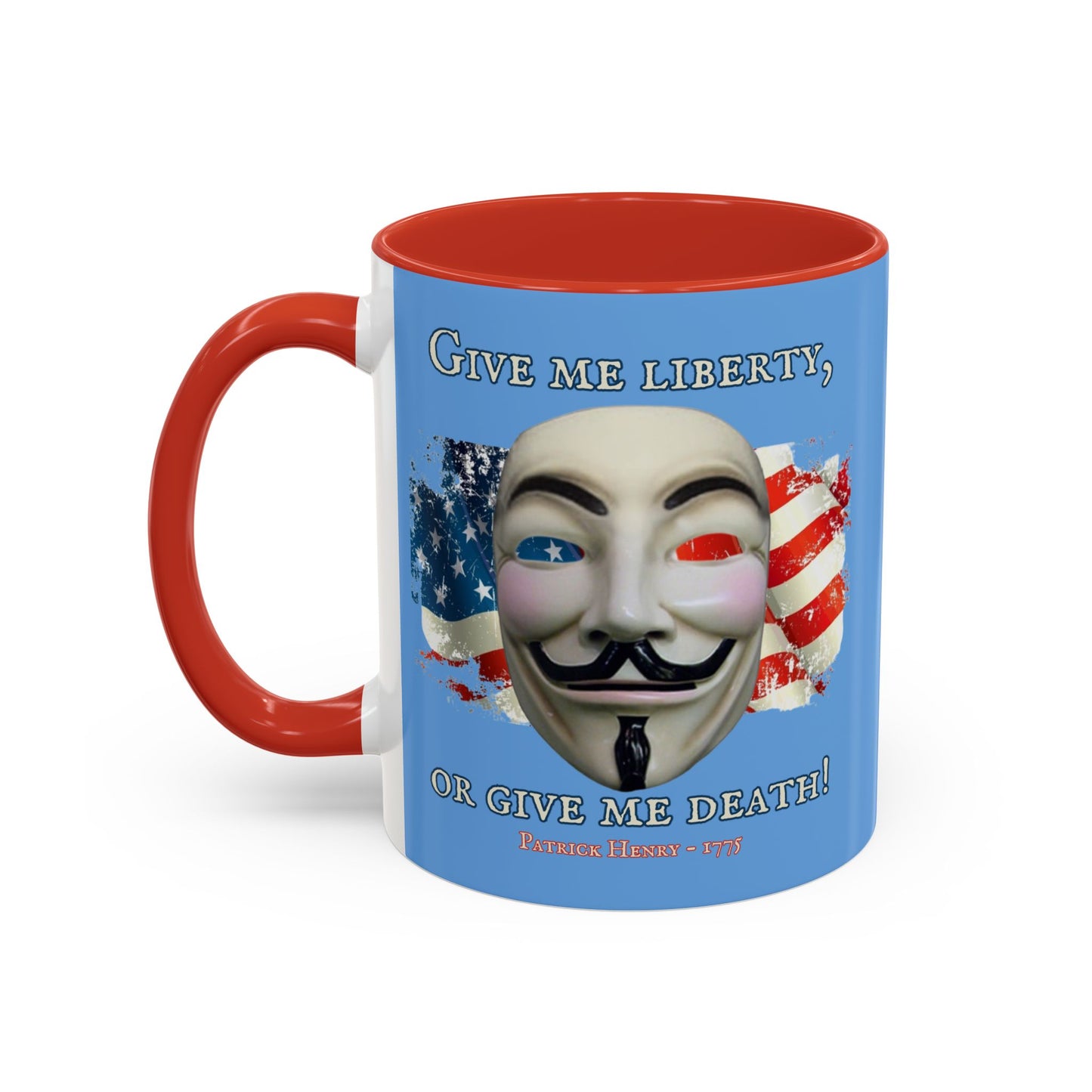 Vendetta, "Give me liberty, or give me death!" Blue Accent Mug by theGreenDragonTavern.shop