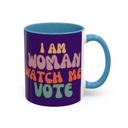 I Am Woman Watch Me Vote Dark Purple Accent Mug by theGreenDragonTavern.shop