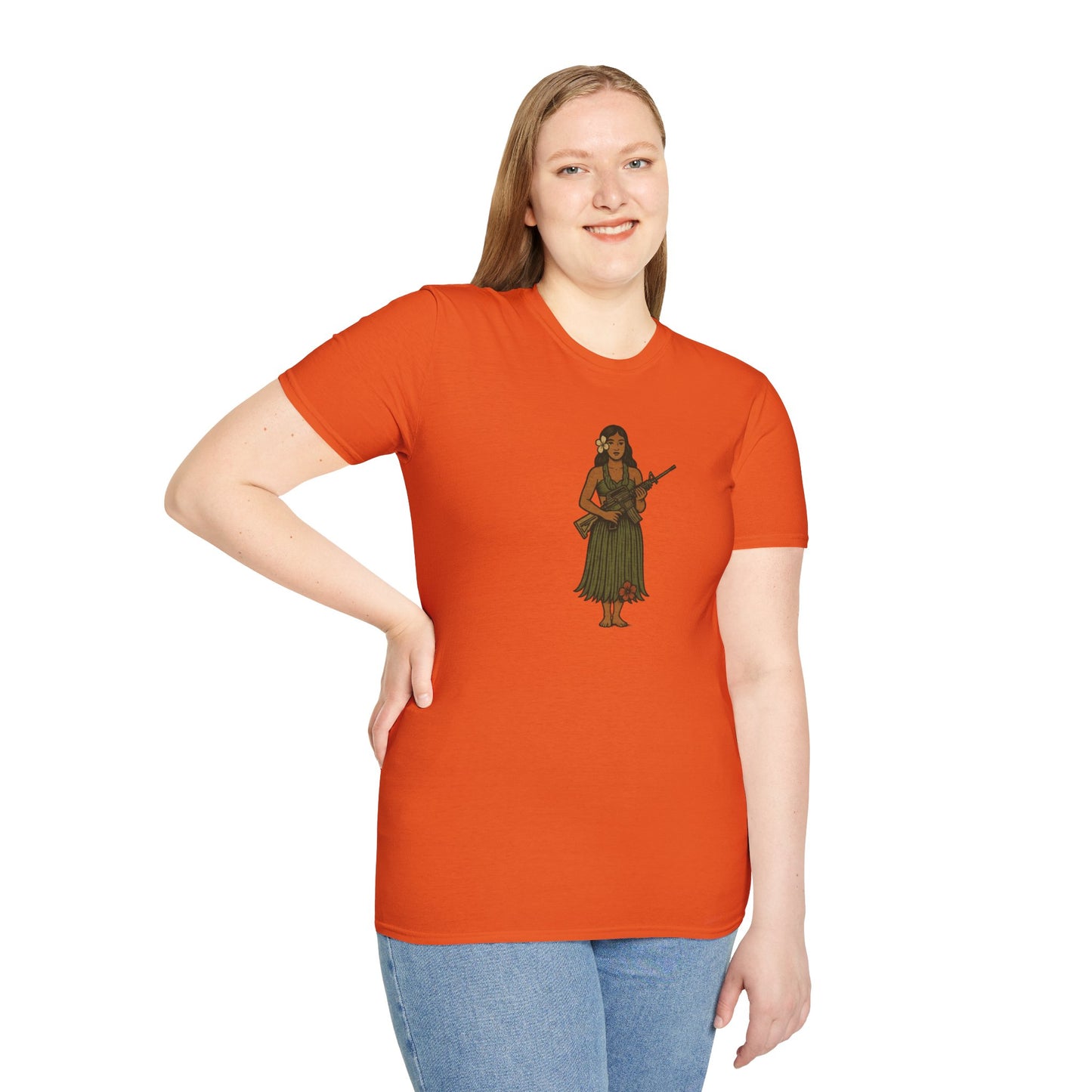 2-sided, Hula Girl Packin' Heat Light colors Unisex T-Shirt by theGreenDragonTavern.shop