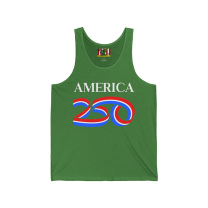 America 250 White font Unisex Jersey Tank Top by theGreenDragonTavern.shop