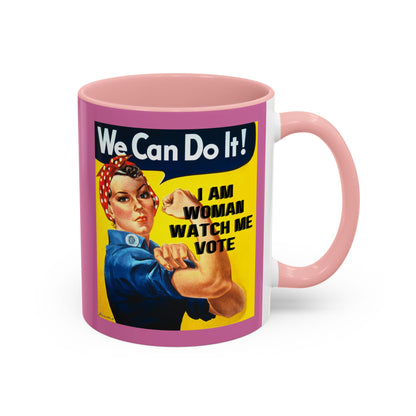 I Am Woman Watch Me Vote Rosie Pink Accent Mug by theGreenDragonTavern.shop