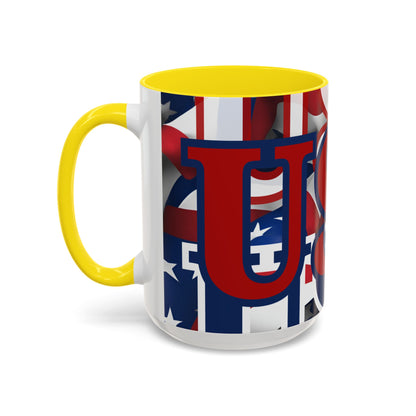 USA! USA! USA Red font Patriot Blue Accent Mug by theGreenDragonTavern.shop