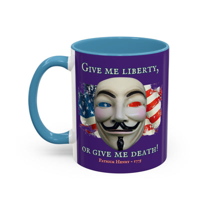 Vendetta, "Give me liberty, or give me death!" Purple Accent Mug by theGreenDragonTavern.shop