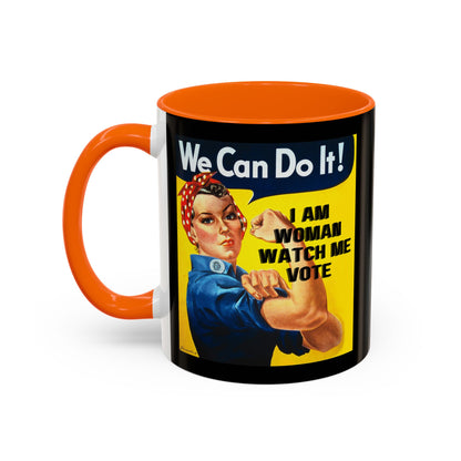I Am Woman Watch Me Vote Rosie Black Accent Mug by theGreenDragonTavern.shop