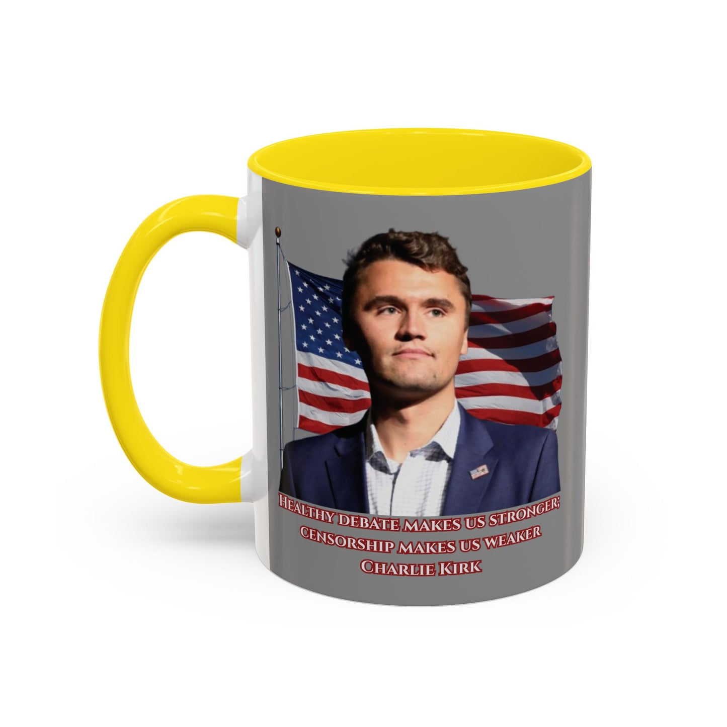 Charlie Kirk, Healthy Debate Grey Accent Mug by theGreenDragonTavern.shop