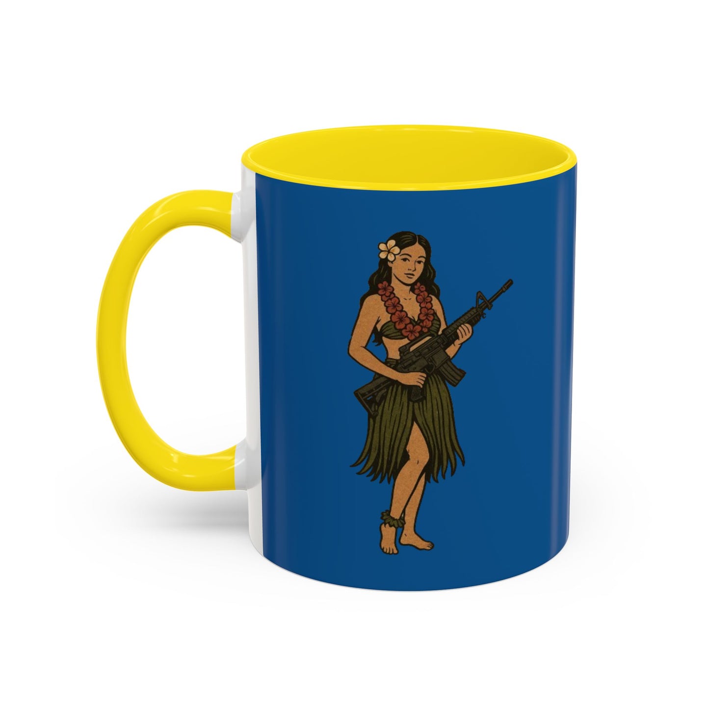 Hula Girl Packin' Heat Dark Blue Accent Mug by theGreenDragonTavern.shop