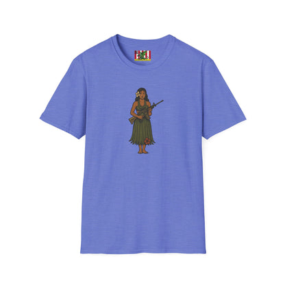 2-sided, Hula Girl Packin' Heat Light colors Unisex T-Shirt by theGreenDragonTavern.shop