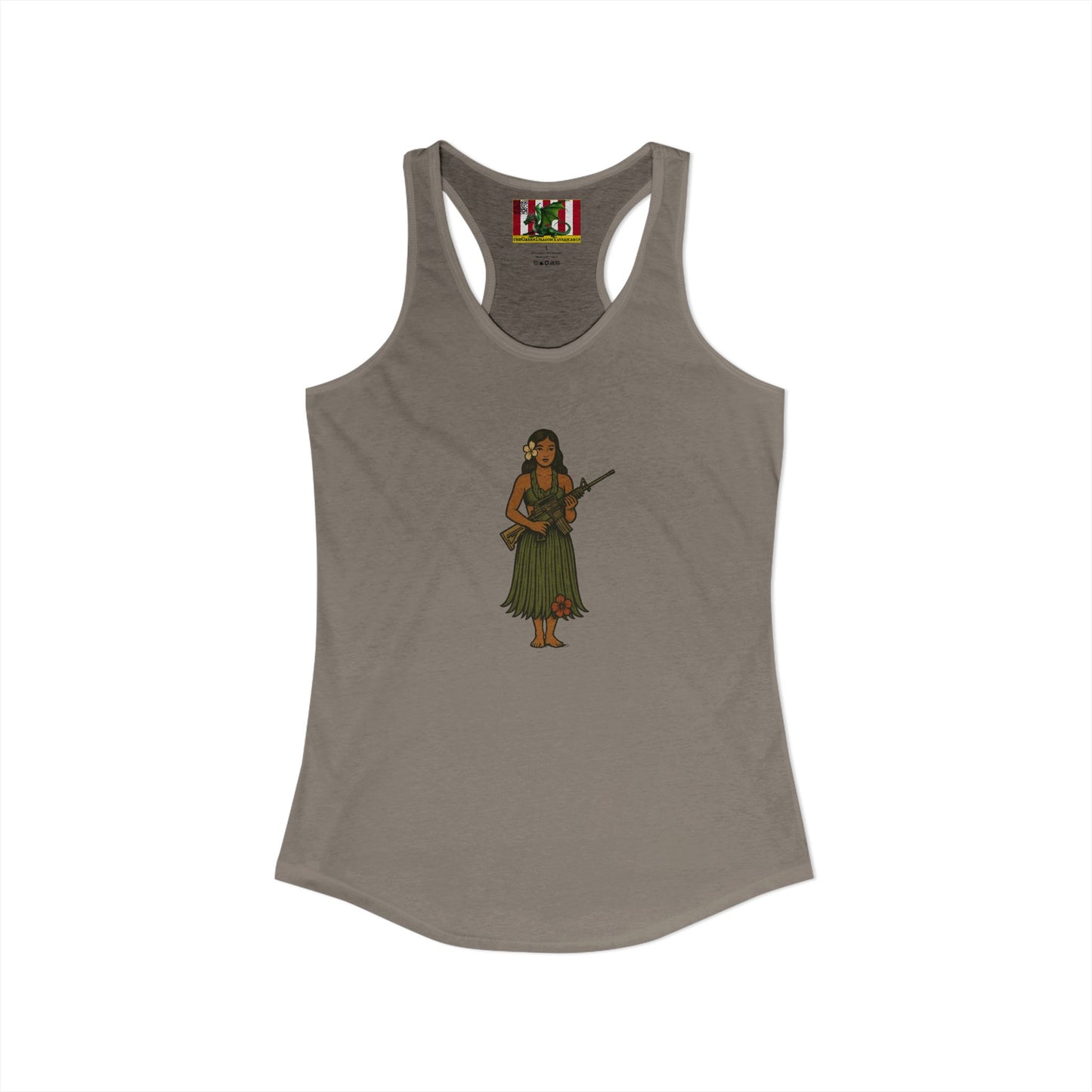 2-sided, Hula Girl Packin' Heat Women's Racerback Tank Top by theGreenDragonTavern.shop