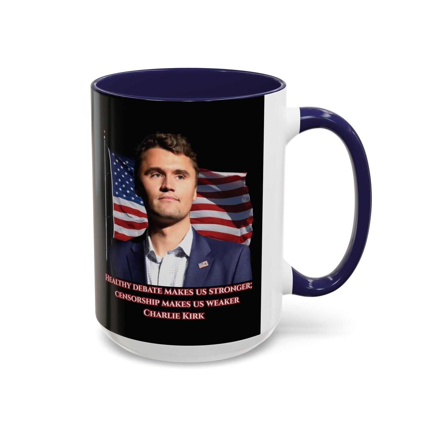 Charlie Kirk, Healthy Debate Black Accent Mug by theGreenDragonTavern.shop