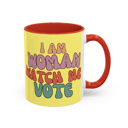 I Am Woman Watch Me Vote Yellow Accent Mug by theGreenDragonTavern.shop
