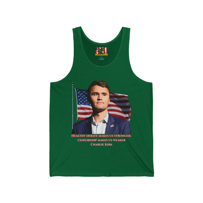 Charlie Kirk, Healthy Debate Unisex Jersey Tank Top by theGreenDragonTavern.shop