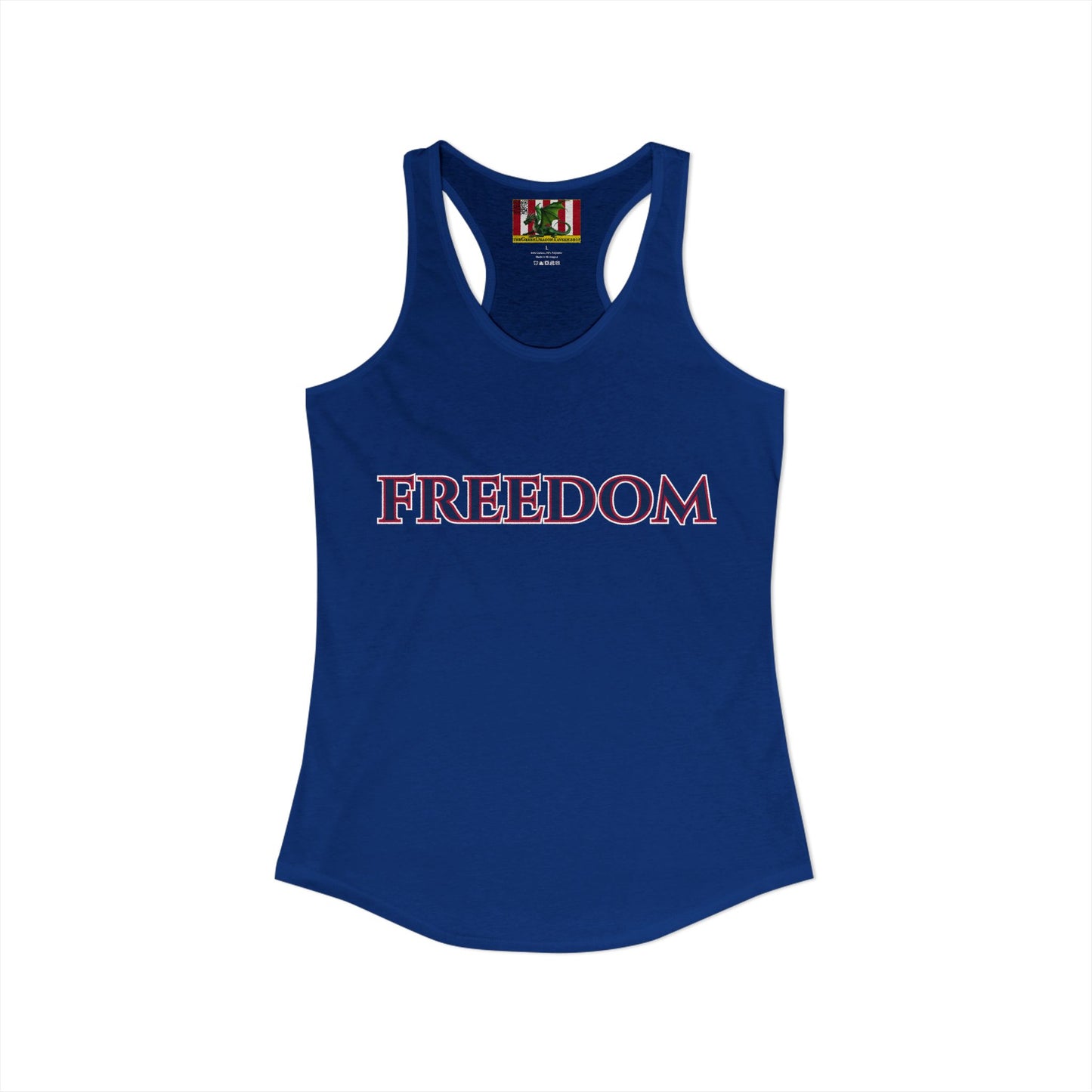 Freedom, Blue font Woman's Racerback Tank Top by theGreenDragonTavern.shop